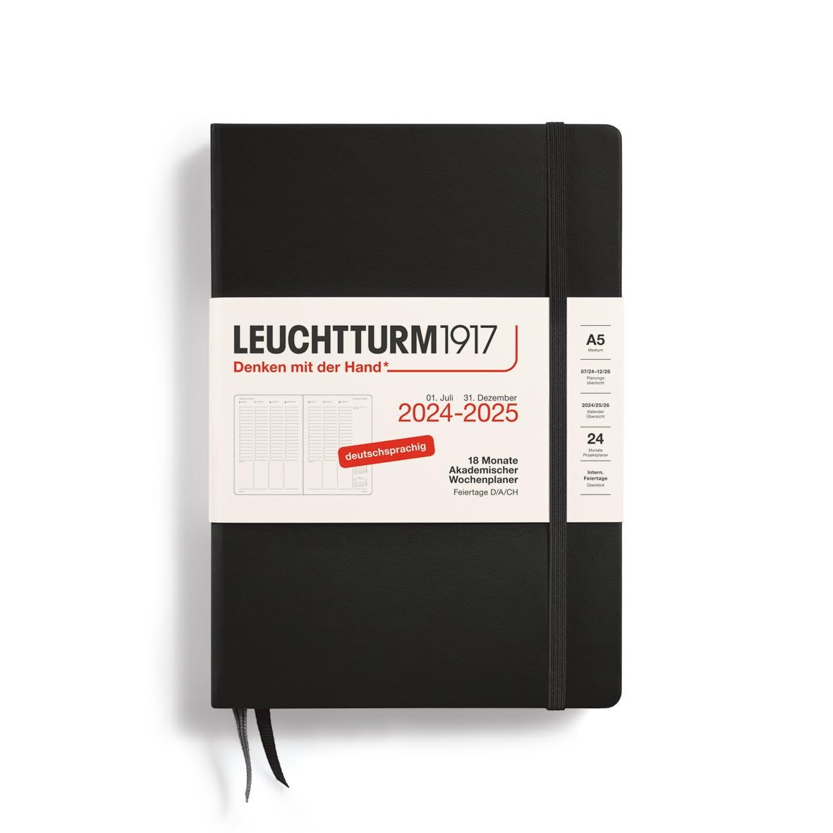 LEUCHTTURM1917 370632 Academic Weekly Planner 2025, Medium A5 Hardcover - 18 Month Calendar, 80 g, Ruled - Black
