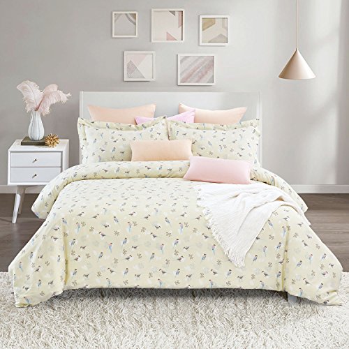 Birds Duvet Cover Set, 100% Cotton Bedding, Bird Pattern Printed on Ivory Cream Light Yellow, with Zipper Closure (3pcs, Queen Size)