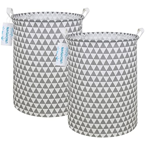 LANGYASHAN 2 Packs Round Storage Bin, Canvas Fabric Collapsible Organizer Basket for Laundry Hamper,Toy Bins,Gift Baskets, Bedroom, Clothes,Baby Nursery (Round 2 Grey Triangle)
