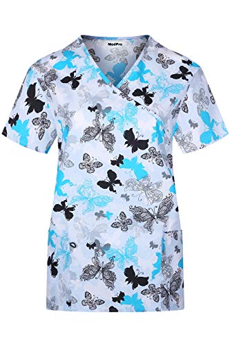 MedPro Women's Printed Medical Scrub Set Mock Wrap Top and Pants White L
