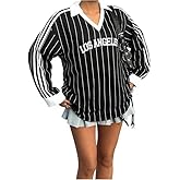 EGELEXY Womens Baseball Shirts Striped Letter Print Y2k Jersey Streetwear Collar V Neck Long Sleeve Pullover