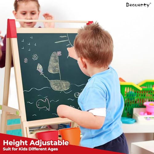 Beauenty Kids Art Easel, Double-Sided Whiteboard & Chalkboard, Wooden Standing Easel with Storage Bins, Includes Magnets, Chalk, Markers, Stickers, 68-120cm Height (Style 1)