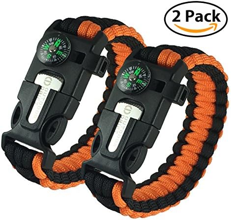 Outdoor Drift SurvivalBand - Multifunctional Bracelet, Outdoor Survival Kit Paracord Buckle Compass Flint Fire Starter Whistle Scraper Blade for Hiking Camping Emergency 2-Pack (Orange and Black)
