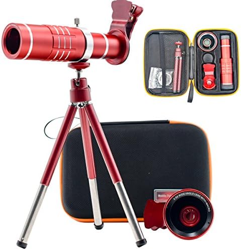 Cell Phone Camera Lens Kit 4 in 1 with Storage Case, Atteavor 18X Optical Zoom Telephoto Lens + 0.6X Wide Angle Lens + 15X Super Macro Lens Tripod for iPhone Samsung Huawei and Other Smartphones (Red)