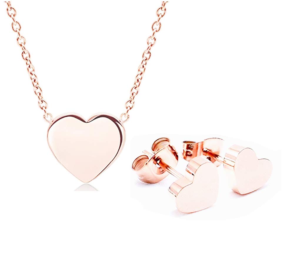 Mixiueuro Women Girls Heart Jewellery Sets 14k Rose Gold Plated Stainless Steel Heart Pendant Necklace Stud Earrings Minimalist Style Nickel Free