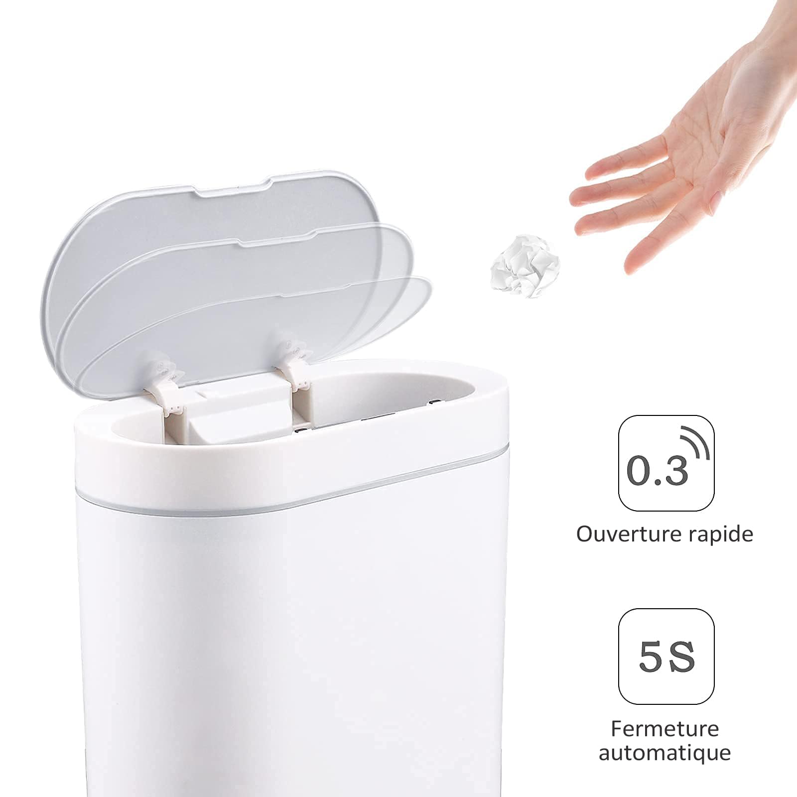 ELPHECO 2.5 Gallon Bathroom Trash Can with Lid, Slim Motion Sensor Garbage Can, Automatic Waste Bin, Small Narrow Trash Can for Bathroom, Bedroom, Office, Kitchen – White