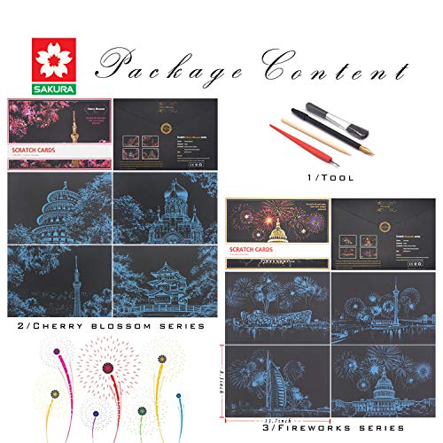 Lot De 12 Feuilles à Gratter - Dessins De Monuments De Ville Vue De Nuit, Kit Créatif Avec Stylet - 8