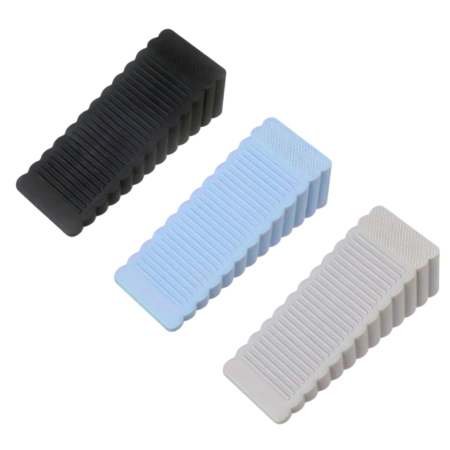 Rubber Door Stopper, Non-Slip Silicone Door Stop Wedge for Multi Floor, Ideal for Interior Living Room, Bedroom, Bathroom, Cupboard, Kitchen, Children's Room, Office (PK1, Set Black-Blue-Grey)