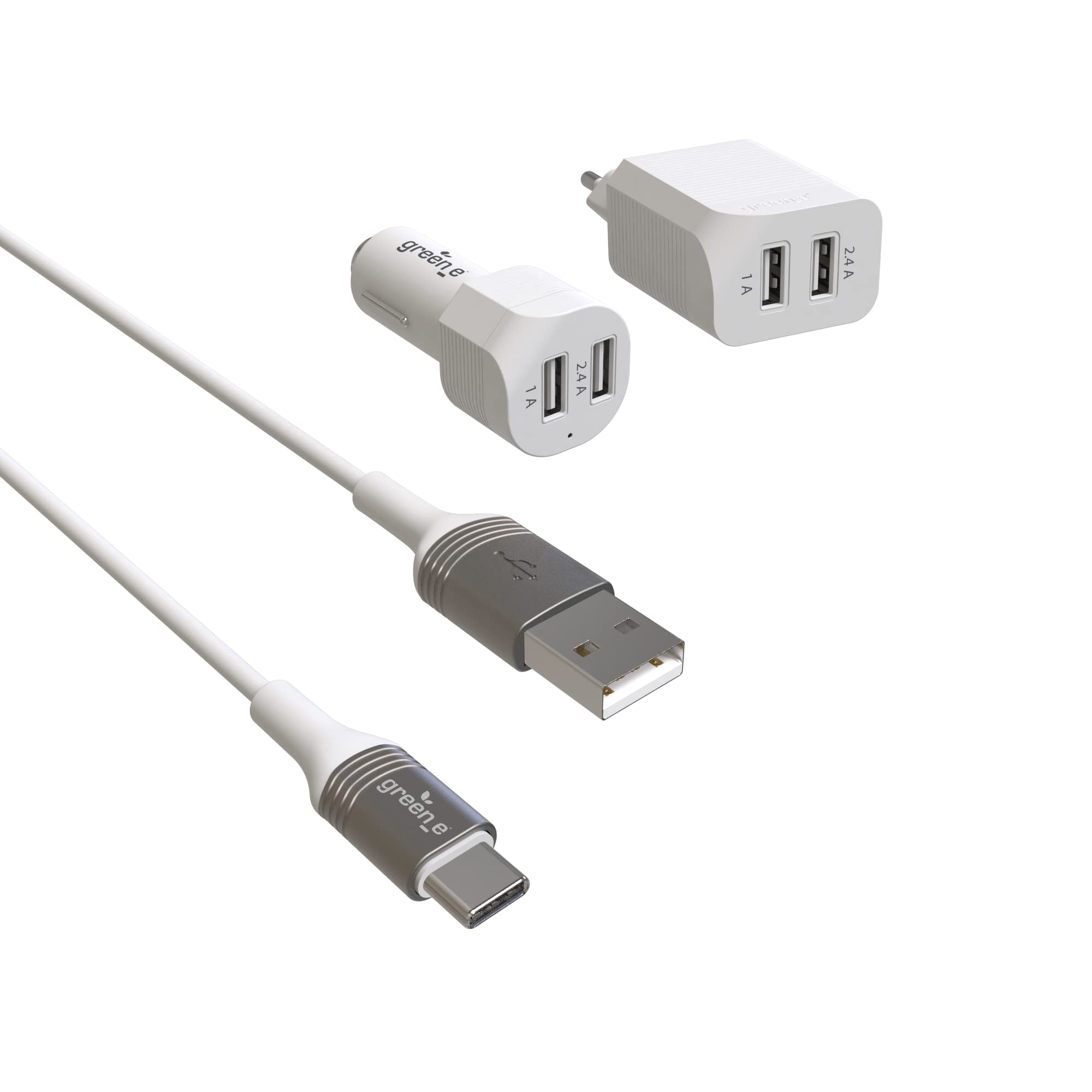 Greene KIT 2USB FASTCHARGE CAR + SECTEUR + CABLE TYPE C 1,3M BLANC