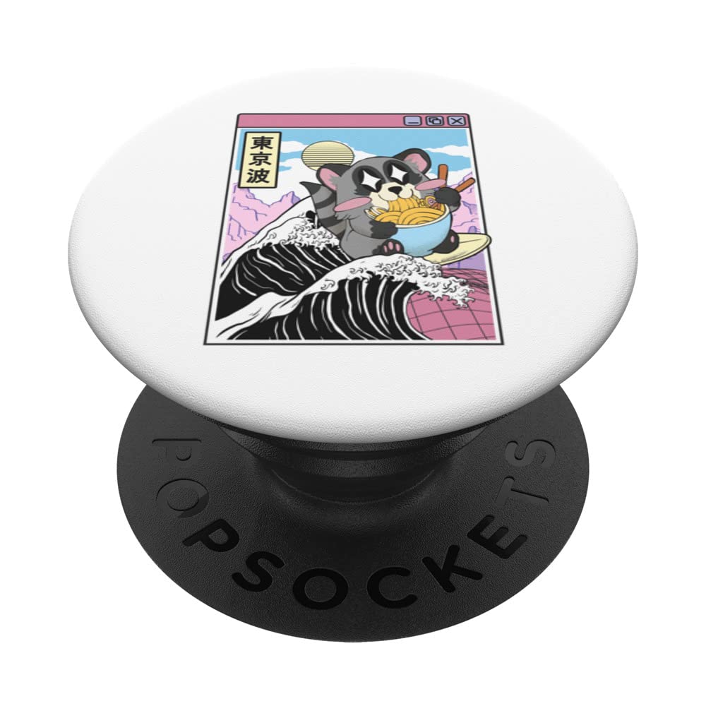 Raccoon Eating Ramen Noodles Japanese Waves Anime Art Kawaii PopSockets Swappable PopGrip