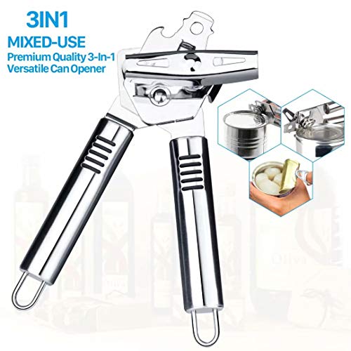 Can Opener Manual, Kitchen Stainless Steel Heavy Duty Can Opener Durable Food Safe Cut Smooth Edge Tool 3-in -1 Tin Beer Jar Bottle Opener Hand Grip for Seniors with Arthritis Hands Friendly - Thumbnail 2