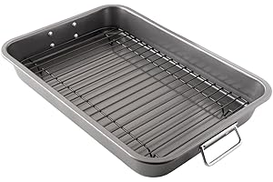 Chef Pomodoro Nonstick Carbon Steel Large Roasting Pan with Rack, Turkey Roasting Pans for Oven, Roaster Pan with Flat Rack, Turkey Pan for Oven, Bakeware Grey