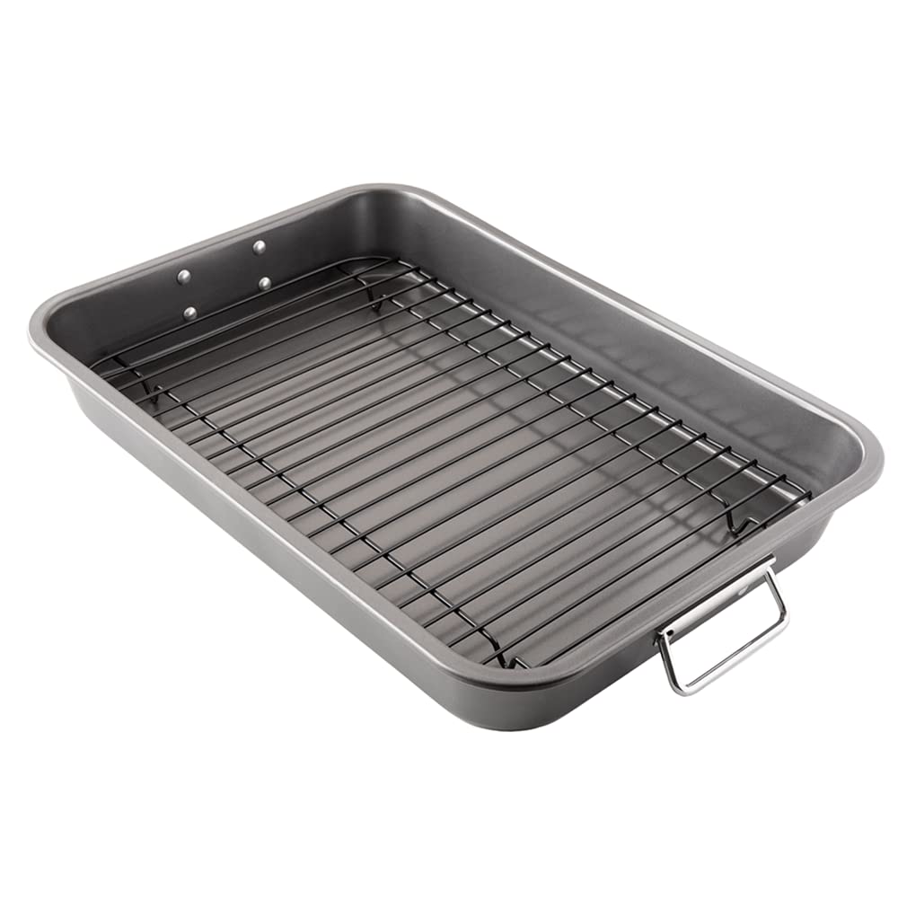 Chef Pomodoro Nonstick Carbon Steel Roasting Pan Roaster with Flat Rack, 16 x 11-Inch (41cm x 28 cm), Large, Grey, Bakeware Rectangular Oven BBQ Baking