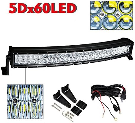 weketory 32 Inch 180W 5D 60LED Curved Light Bar Offroad Waterproof Spot Flood Combo Light Beam Driving Lights with Wiring Harness for Truck SUV 4WD Boat UTV ATV 12/24V