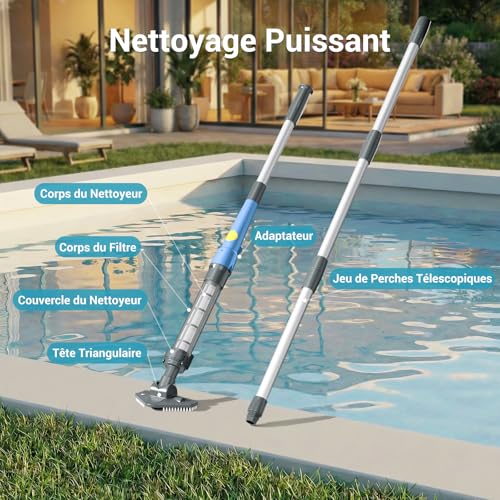 2 in 1 Rechargeable Cordless Pool Cleaner, 45 Min Battery Life, Powerful Vacuum Cleaner for Above Ground Pool, Spa, Hot Tub - Telescopic Pole 160cm, Ideal for Sand, Leaves and Debris