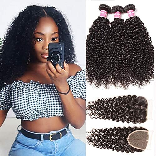 Sunber Kinkys Curly Human Hair Bundles with Closure Free Part Unprocessed Brazilian Virgin Curly Hair 10A Grade 44 Lace Closure 100% Human Hair Natural Black Color (14 16 18+12lace closure)