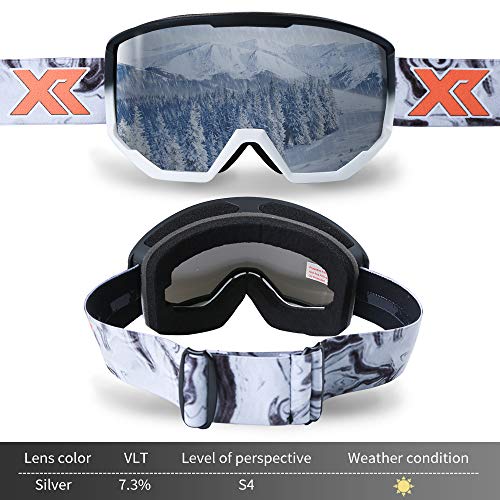 XR Ski Snowboard Goggles Anti-Fog UV Protection HD Cylinder Lens Over Glasses Non-Slip Strip Snow Goggles for Men&Women (Silver) - Thumbnail 2