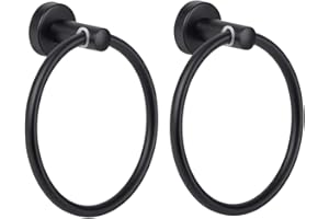 MONGFUN Towel Ring Black, Bathroom Hand Towel Holder Ring, Polished Shiny Black Bath Towels Hanger Hook, Round Rustproof Stainless Steel Kitchen Rings with Wall Mounted Hardware (2 Pack, Drill Needed)