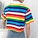 Women Rainbow Stripes Printed T-Shirt Korean Style Turn-Down Collar Crop Tops (L)