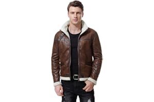 AOWOFS Men's Faux Leather Jacket Brown Motorcycle Bomber Shearling Suede Stand Collar