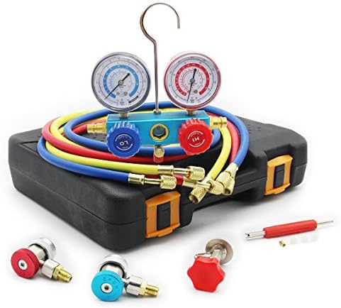 Raomdityat 4 Way AC Manifold Gauge Set HVAC with Hoses Couplers Quick Adapter for R134A R502 R22 R12