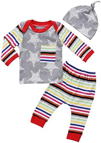 Newborn Baby Boys Girls Clothes Stars T Shirt Top Striped Rainbow Pants and Hat 3PCS Outfit Set (0-3 Months, A)