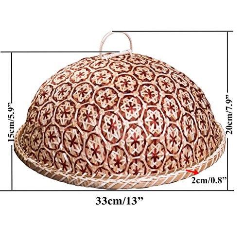 Coralpearl Bamboo Woven Food Dome Lid Cover, Keep out Flies Bugs and Table Serving Tray Storage Plate Platter with Handles for Picnic Party Bread Cake Pizza Dry Fruit Dessert Indoor Outdoor (Red) - Thumbnail 2