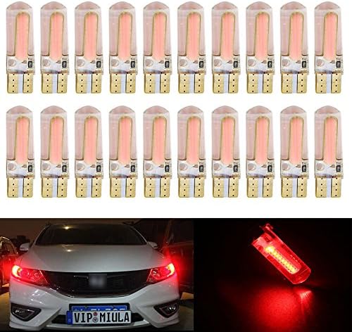 Red T10 Silicone 200 Lumens T10 194 Wedge COB 20-SMD LED Bulb Car Replacement Lights License Plate Interior Lamp Door Map Cargo Courtesy Light 12V 8000K (20-Pack)