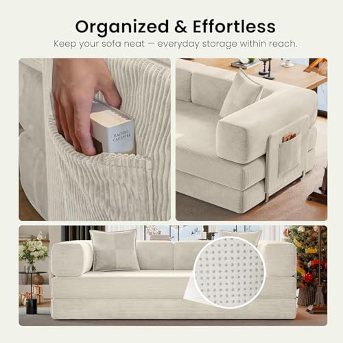 Convertible Folding Couch Bed, Comfy Corduroy Sleeper Floor Sofa Bed with Fixed-Shape Frame, Floor Sofa with Armrest, Lounge Couch for Living Room Bedroom Lounge Studio (Light beige, 150CM) | boneless couch