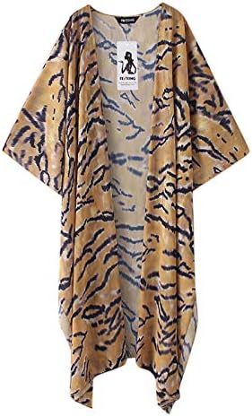 Putars Tiger Print Kimono Long Cardigan Beach Blouse Chiffon Shawl Top Cover Up