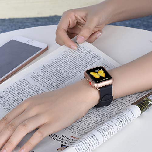 PEAK ZHANG Compatible with Apple Watch Band with Case, 38mm 40mm 42mm 44mm Women Men Top Grain Leather Strap for iWatch Series 4,3,2,1 (Black+Series 4/3 Rose Gold Clasp, 42mm 44mm Small)