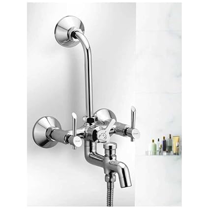 Oleanna 3 in 1 Brass Wall Mixer with 115mm Bend Pipe and Provision for Upperhead Hand Shower Chrome with Disc Fitting Quarter Turn Form Flow (Silver)