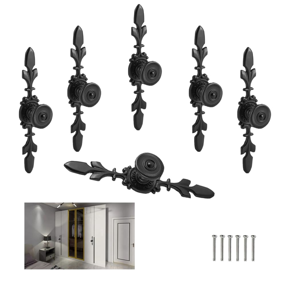 RHQFDM 6-piece Set Antique Style Pull Handle Door Knob Back Plate Vintage Black Cabinet Wardrobe Drawer Pull Handle Decorative pulls for Home Floral Motifs