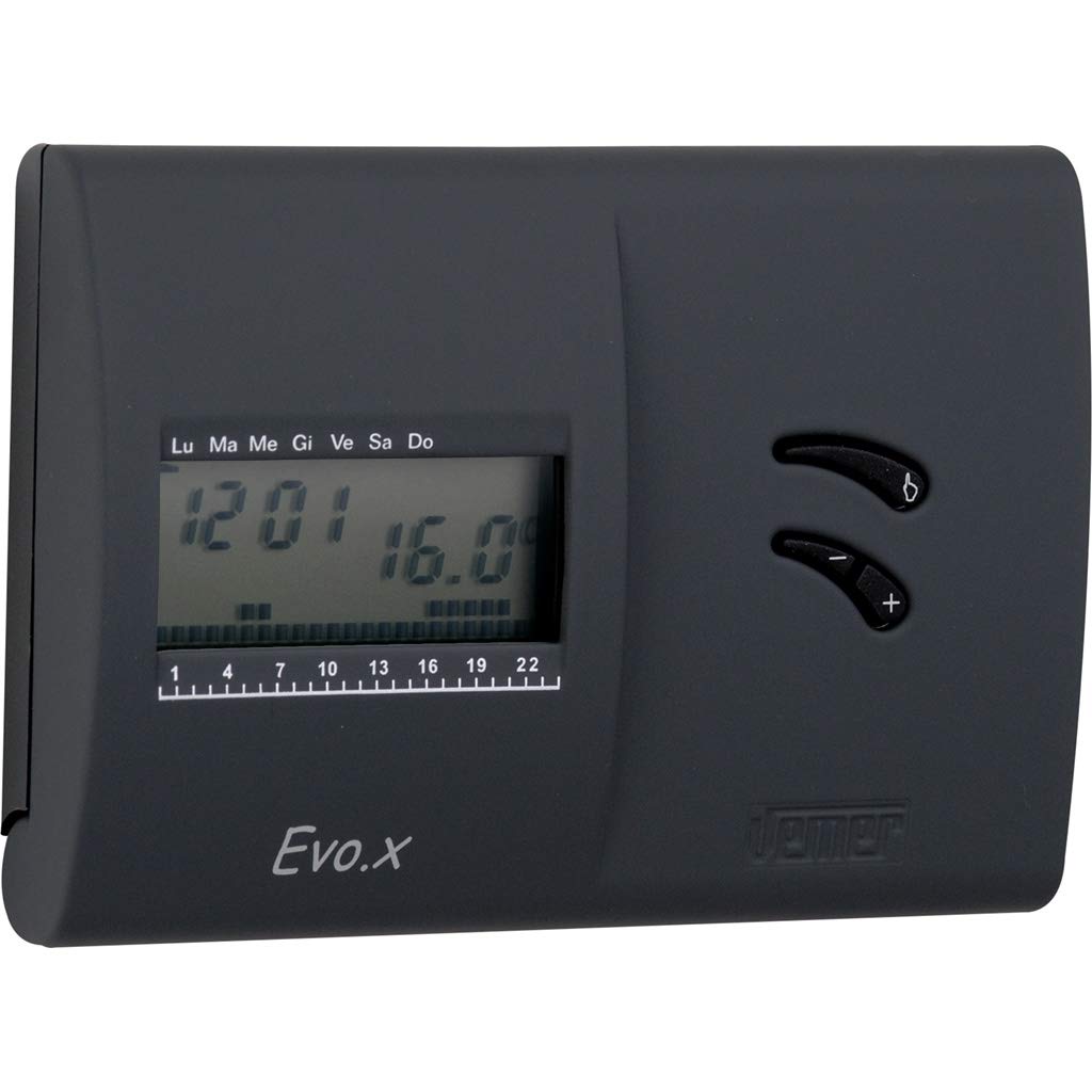 VEMER VN136800 model EVO.X NERO Weekly chronothermostat with battery supply. Wall-mounting. Color black