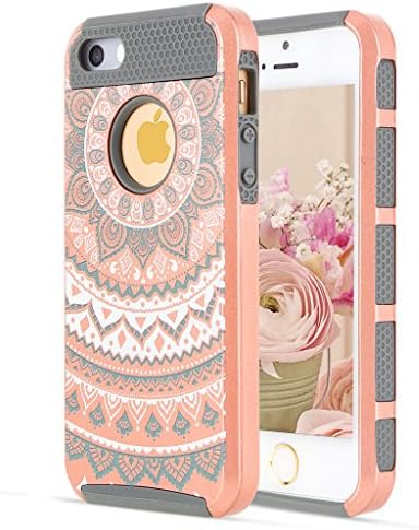 iPhone 5/5S Case iPhone SE Case YCAun Slim Fit Hybrid Dual Layer Scratch Resistant Hard PC Shell Inner Shock-Absorption Soft TPU Bumper Armor Defender Protective Cover Mandala Floral[Rose Gold/Gray]