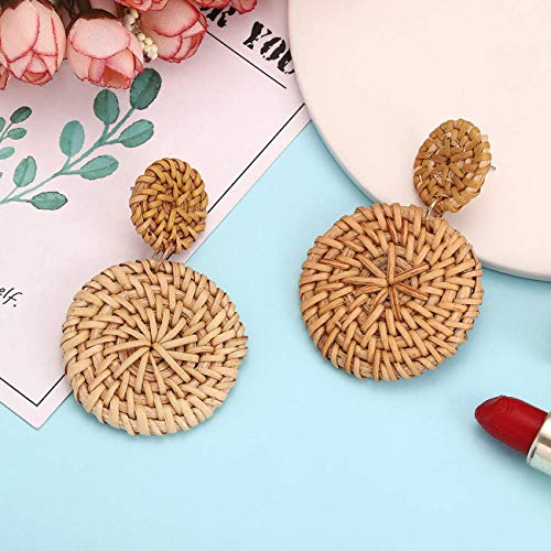 Rattan Earrings for Women Girls Handmade Lightweight Wicker Straw Stud Earrings Statement Weaving Braid Drop Dangle Earring Set(2pair) - Thumbnail 5