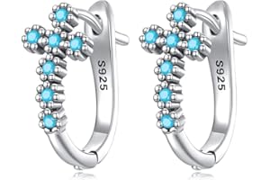 IZPACK Turquoise Cross 925 Sterling Silver Tiny Small Hoop Earrings for Women Teen Girls Cartilage Hypoallergenic Small Huggie Hinged Hoops Sleeper Piercing Ear Cuffs Religious Faith Protection Earring