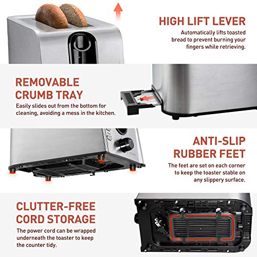 Toaster 2 Slice Best Rated Prime, NOVETE Retro Style Brushed Stainless Steel Toaster, 1.5'' Extra-Wide Slot, 7 Shade Settings, Defrost/Reheat/Cancel Functions, Compact Bread Toaster for Breads/Bageles, 750W - Thumbnail 4