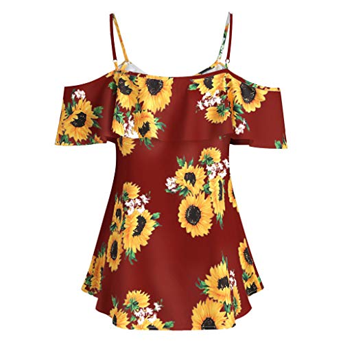 Womens Cold Shoulder T-Shirts Plus Size Sunflower Short Sleeve Casual Ruffles Tunic Tops Blouse Red