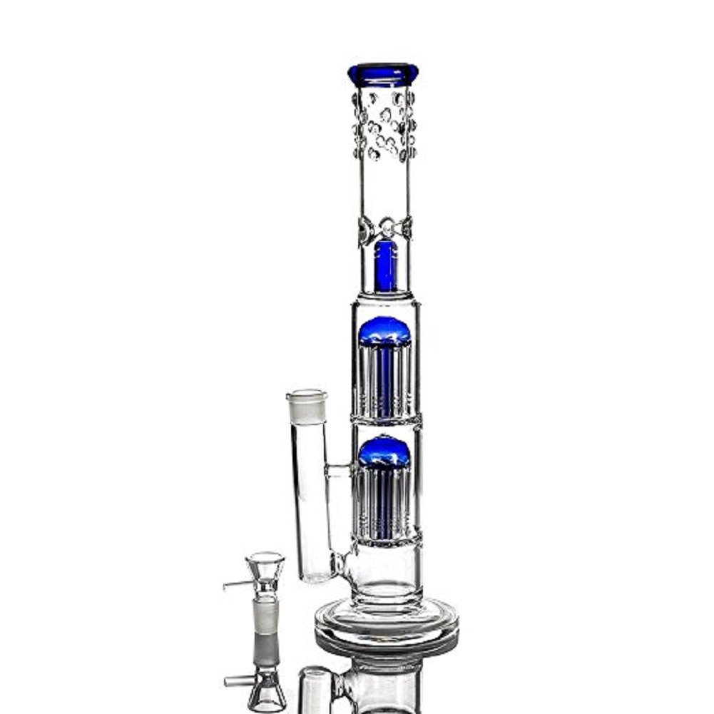 RORA Glass Double Tree Dome bong 18mm Bowl Percolator Water Pipe handmade Waterpipe 16" Tall (Blue)
