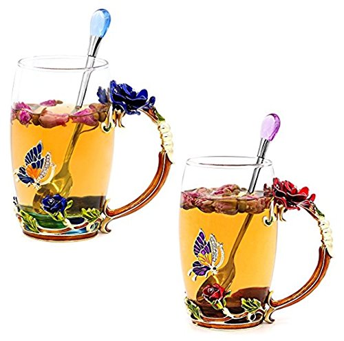 Daycindy 2 Pack Glasses Cup Enamel Tea Coffee Cups with Spoon Set (13oz, Blue & Red)