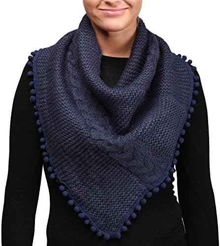 Apparelism Women's Chunky Knitted Loop Tube Infinity Collar Scarf with Pom Pom.(Navy)