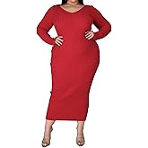 Women's Plus Size Sexy Stretchable Long Sleeve Maxi Sweater Off Shoulder Knit Slim Fit Dress
