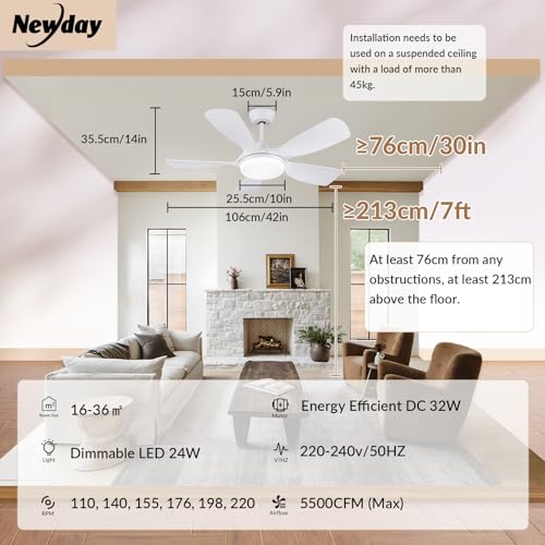 Newday 42 White Ceiling Fan with Remote Control, Dimmable LED, Reversible 5 Blades, Quiet DC Motor, 6 Speeds, Memory Function for Bedroom, Living Room, Patio