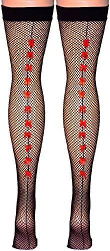 Vanea Women's Fishnet Thigh Highs With Satin Baby Bows Up The Back Seam (Black/Red)