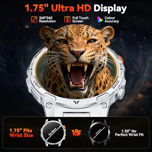 Haulvean Men's Military Watch Battery 1000 mAh Smartwatch Two Bracelets 1.75 Inches HD Screen LED Flashlight 100+ Sports Modes Health Monitoring Bluetooth Calls for iOS Android (Silver)