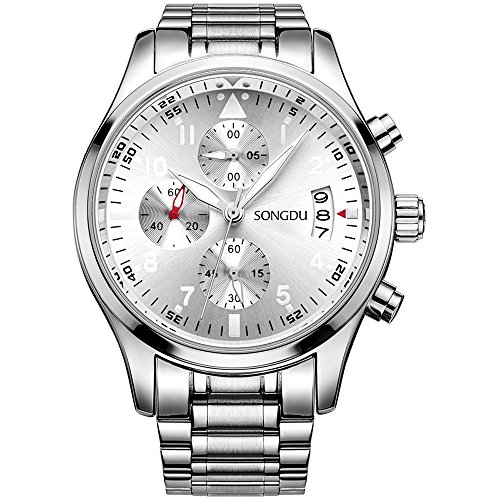 BINGER Menâ€™s Chronograph Quartz Watches Arabic Numbers with Date Analog Display and Stainless Steel Band & Leather Strap (Silver)