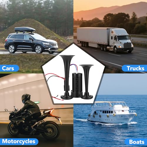 HISUEKIG 12V Car Horn, 600Db Double Trumpet Truck, Super Loud Electric Air Horn with Compressor, Rich Bass and Sharp Sounds, Easy Installation, for Car Truck Boat Motorcycle