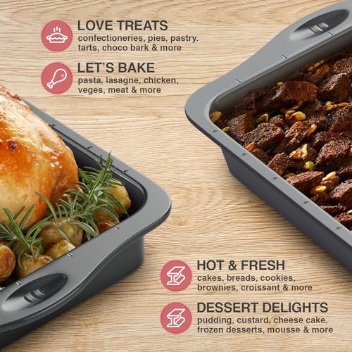 Rholet Brownie Tin Large Traybake Roasting Tray | Quantum II Non Stick Coating, 5cm Deep Pan with Cutting Guides, Rectangle Swiss Roll Tin, Easy Clean Heavy Duty