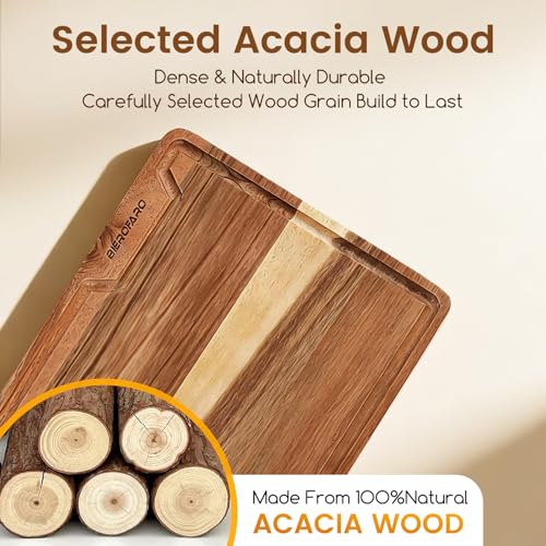 Acacia Wood Cutting Board Set of 2 for Kitchen – Natural Wooden Cutting Boards with Deep Juice Groove, Food Safe Hardwood, Large & Small Sizes (38x25cm & 30x20cm)